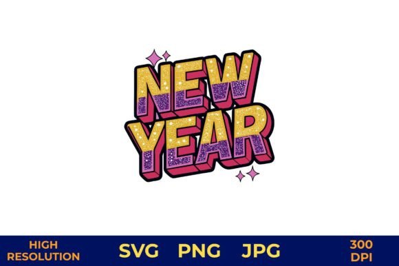 3D New Year Text with Glitter Stars Graphics and Illustrations