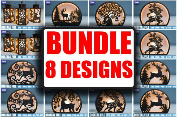 8 Reindeer Christmas Lantern SVG Bundle for Laser Cutting Stands