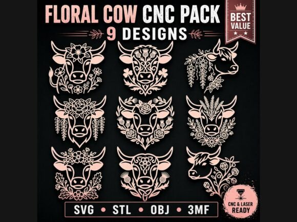 9 Floral Cow CNC SVG STL Bundle Pack for Graphics and Crafts
