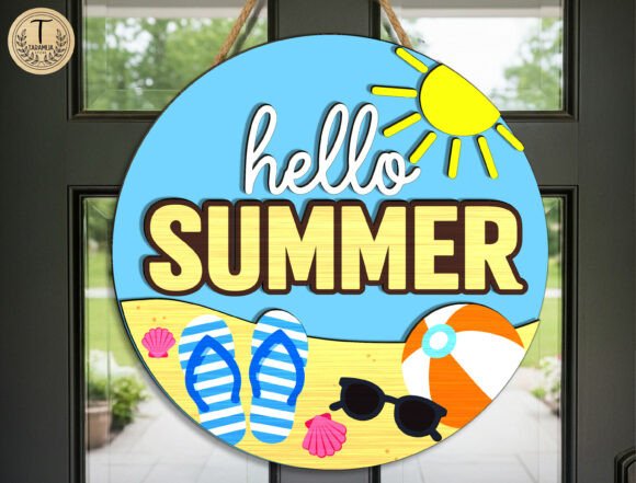 Hello Summer Round Door Sign SVG for Laser Cutting and Summer Projects