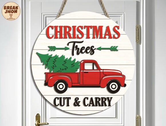 Red Truck Christmas Round Sign Svg for Laser Cutting and Winter Amp
