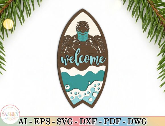 Sea Turtle Surfboard Welcome Sign SVG for Laser Cutting and Summer Crafts