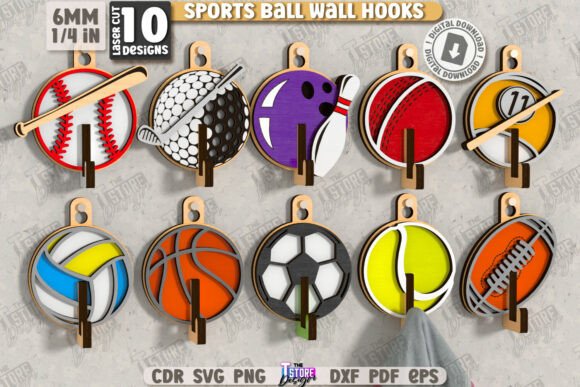 Sports Ball Wall Hooks Laser Cut Bundle
